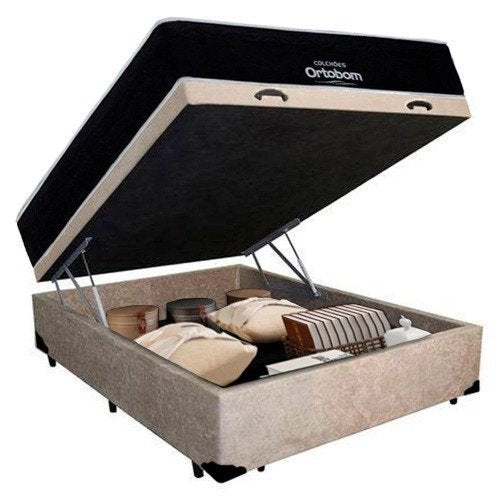Cama Box Baú Casal Suede + Colchão Casal Molas Ensacadas Airtech Springpocket Ortobom 69x138x188 Suede Bege