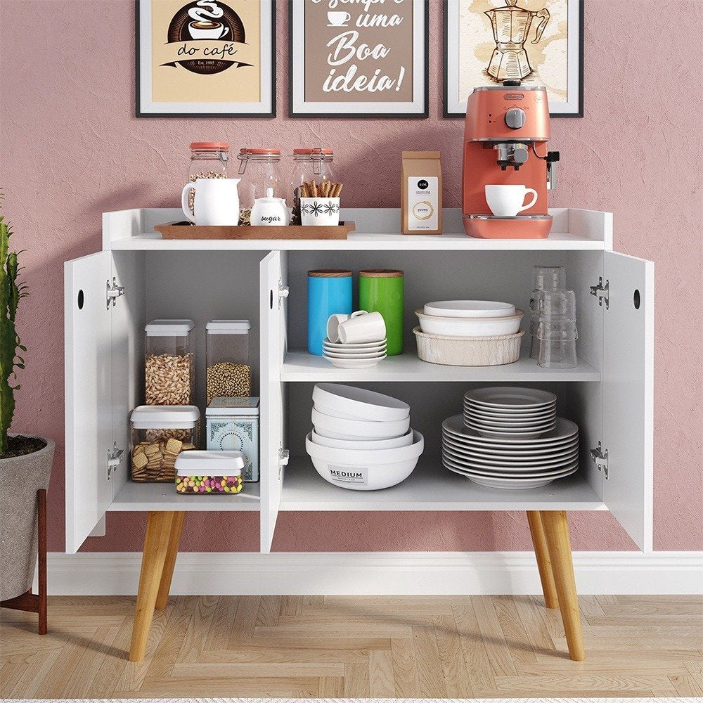Aparador Buffet Wood Prime 3 Portas Cantinho Café Prateleira Organizadora Pés Palito Decoração Retrô &#8211; Branco &#8211; Rpm