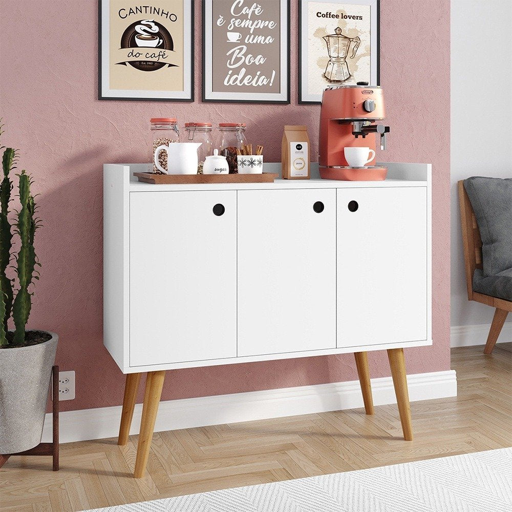 Aparador Buffet Wood Prime 3 Portas Cantinho Café Prateleira Organizadora Pés Palito Decoração Retrô &#8211; Branco &#8211; Rpm