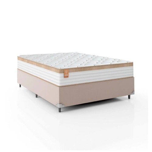 Cama Box Casal Colchão Molas Ensacadas Real 138x188x65cm Branco/Bege &#8211; Suporta até 130Kg Por Pessoa